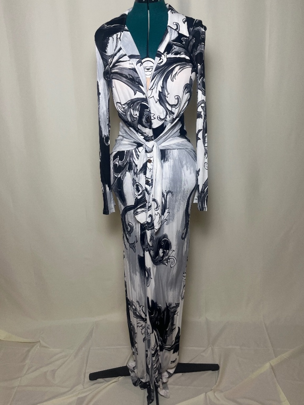 Versace Collection Shirt Dress in White and Black Print Vintage Long Sleeve Maxi